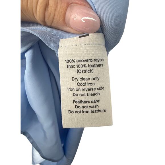 NEW Sleeper Boheme Feather Slip Dress Blue Satin Midi Size M Ostrich Versatile - Picture 9 of 11